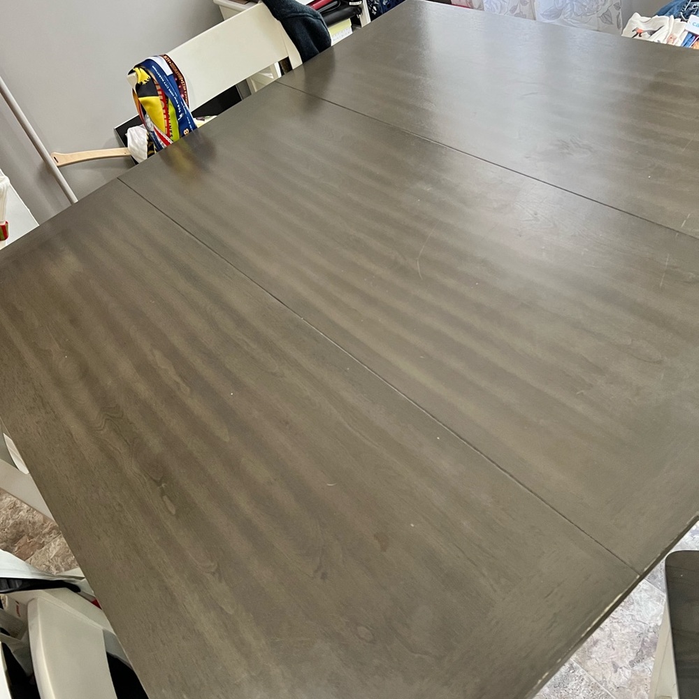 Bob’s Grey and White Bar height - 6 seat dining room table inc. storage bench.
